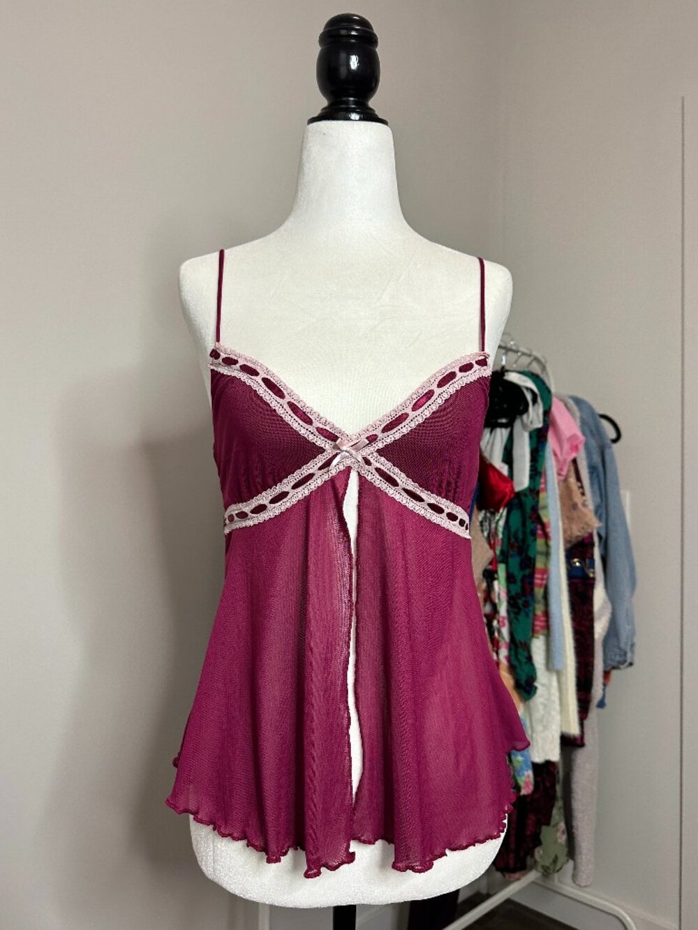🍇 Garage Lace Trim Flyaway Cami Plum Purple Sheer Babydoll Fairycore Top XS